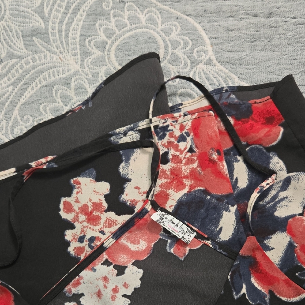 Free People Black Top with Red and White Floral Design